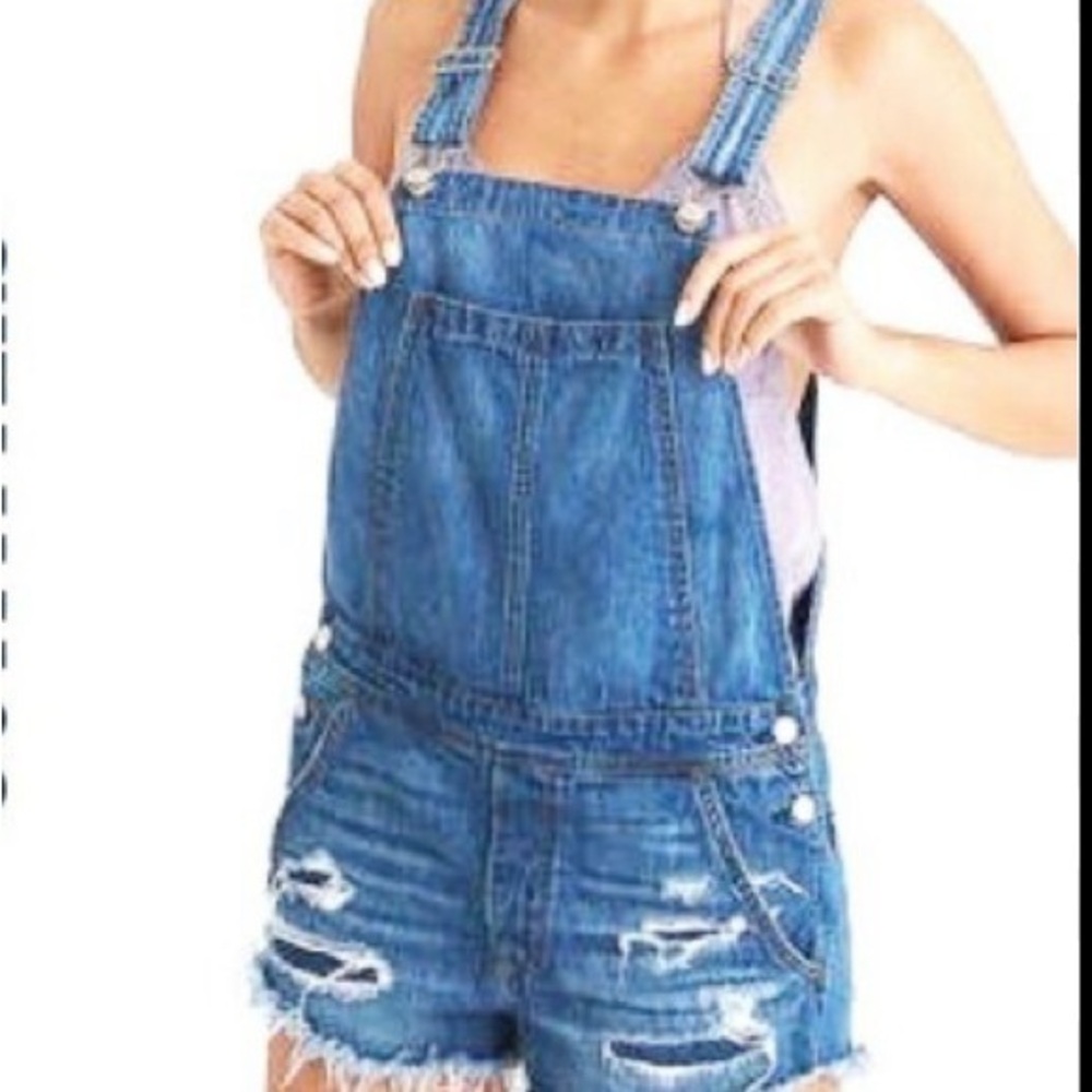 American Eagle Outfitters Distressed Denim Short Overalls - Blue